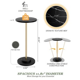 Round Side Table, Small Drink Table for Small Spaces, Modern Accent End Table Coffee Table with Metal Leg for Living Room, Bedroom, Corners, and Office (Black Marble)