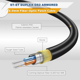 Yunsufiberpro 3ft / 1m Armored OD-5mm OS2 ST to ST Single Mode Fiber Cable, ST-ST Fiber Optic Patch Cord, Duplex 9/125um SMF Optical Jumper, Black