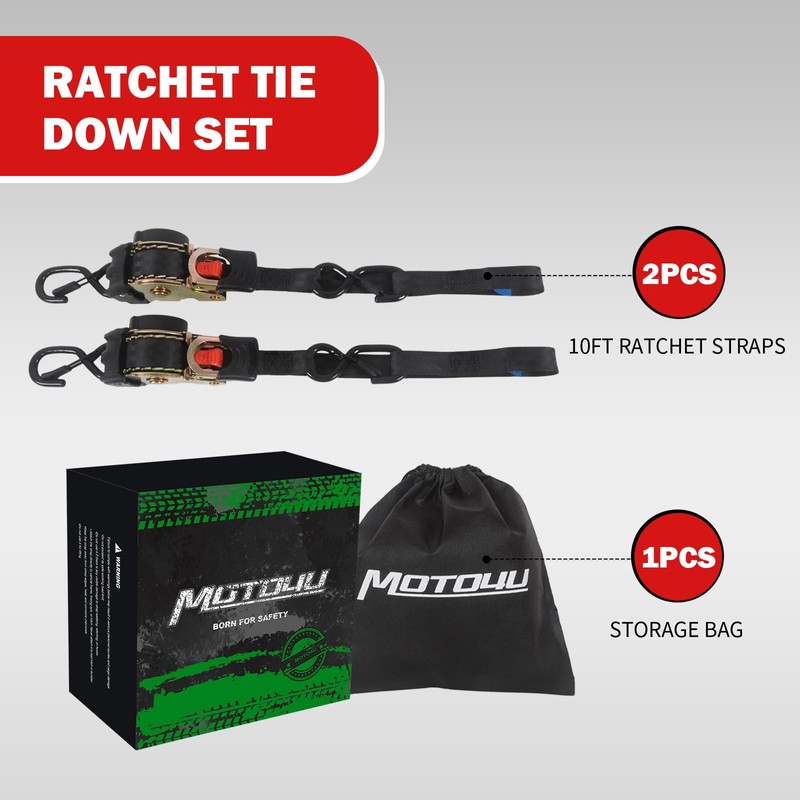 MOTO4U Auto Retractable Ratchet Straps 2-Pack | 1” x 10ft