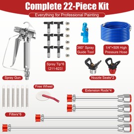 22PCS Airless Paint Sprayer Gun Kit, 3600PSI Spray Gun with 50FT Hose, 6 Reversible Spray Tips (211/313/415/515/517/623), 4 Extension Rods, Tip Guards, Filters, Fits for Indoor/Outdoor Painting