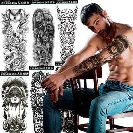 ANIUVOT Large Size Tattoo Stickers, Features, Realistic Shoulder to Wrist, Set of 6, Men and Women, Full Arm Tattoo Stickers, Waterproof, Long Lasting, 6.7 x 18.9 inches (17 x 48 cm), Skull, Owl,