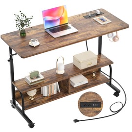 Armocity Height Adjustable Standing Desk with Power Outlets, 47" Manual Stand Up Desk with Storage Shelves Small Mobile Rolling Computer Desk Portable Laptop Table with Wheels for Home Office, Rustic