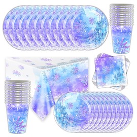Shamoparty Blue and Purple Snow Party Tableware, Pack of 61 Party Table Decorations, Snowflake Party Tableware, Christmas, Children's Birthday Party Decoration, Table Decoration in Winter Wonderland