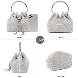 Rhinestone Purse for Women Sparkly Evening Bags Silver Handbags Shoulder Bag Small Bling Bucket Bag