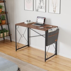 VECELO Folding Desk with Storage Bag 39 Inch Writing Desk Home Office Sturdy Steel Laptop Table for Home Office Work Retro Brown