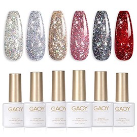 GAOY Juego de 6 esmaltes de uñas de gel con purpurina rubí, incluye esmalte de uñas de gel brillante, rojo, negro, rosa, kit de esmalte de gel UV LED,