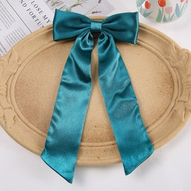 2PCS Silky Satin Hair Bows Hair Clip,Hair Bow Ribbons Clip With Long Tail Bowknot Hair Barrettes for Women Girls Toddlers Teens Kids (Green+Navy Blue)