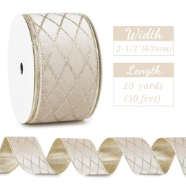 Mayreel Champagne Gold Christmas Tree Ribbon 2.5 Inch, Metallic Diamond Glitter Velvet Wired Edge Lattice Ribbon for Gift Wrapping, Floral Craft, Bows, Wreaths, Garland, Holiday Decor,10 Yards