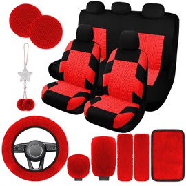 JINGSEN 17 Car Seat Cover Full Set for Women,Universal Car Seat Cover,Plush Steering Wheel Cover,Fluffy Soft Wool Handbrake Gear,Suspension Accessories Full SUV((Patterned Red