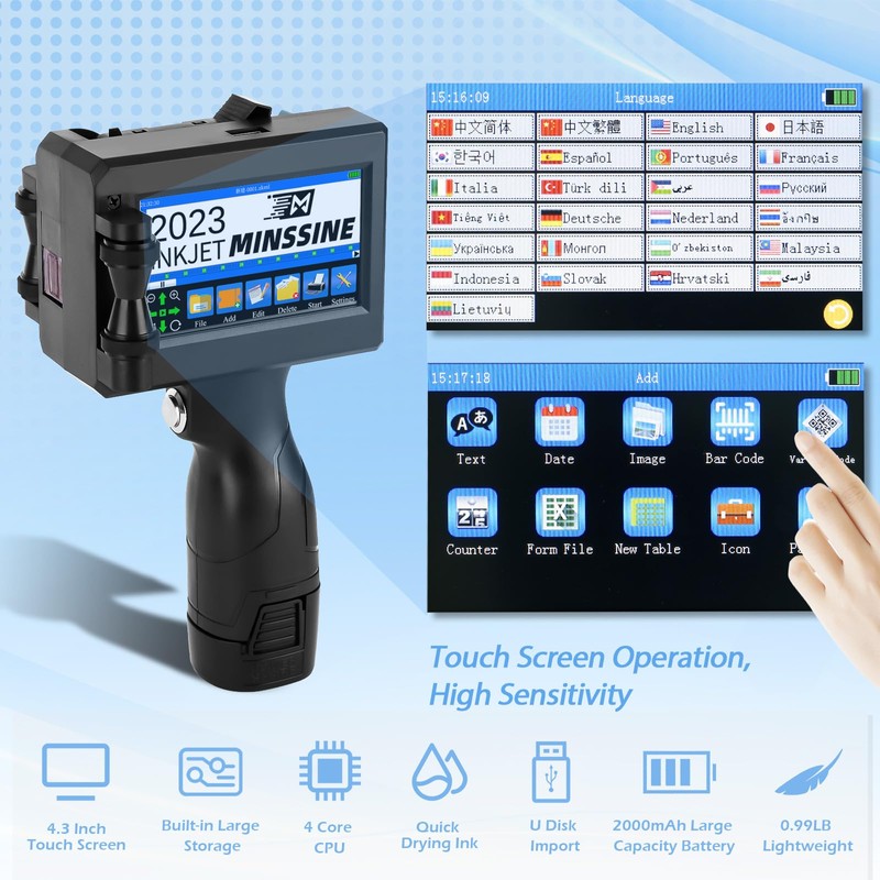 Minssine Handheld Inkjet Printer Gun MS-Z10 with 42ml Quick-Drying Ink