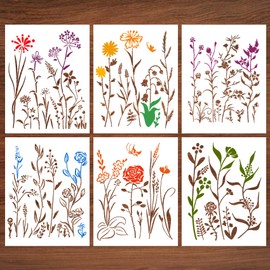 6 Pieces Flower Stencils for Painting, 14.5 x 11 Inch Large Reusable Floral Stencils for DIY Crafts, Wildflower Design for Wood, Wall and Furniture Decor