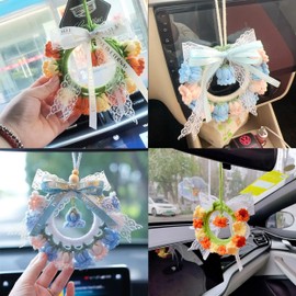 Cute Crochet Plant Car Accessory Handmade Crochet Cute car Decor，Car Mirror Hanging Accessories ，Cute Crochet Orchid Hanging Ornament (Purple)