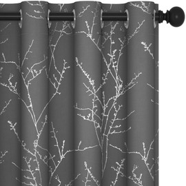 Deconovo Blackout Curtains Eyelet, Silver Tree Branches Printed Curtains for Living Room, Grey, 46 x 90 Inch (Width x Length), 2 Panels