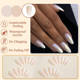 24Pcs French False Nails Medium Almond, Silver Aurora Gel Fake Nails Press on, Pure Color Glossy Stiletto Full Cover Acrylic Stick on Nails for Women DIY Manicure, Natural & Reusable, Easy to Use