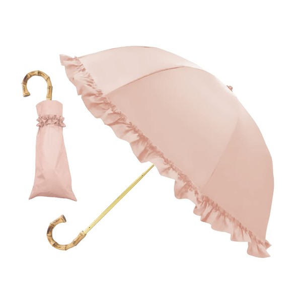 Round Silhouette, Completely Blackout, Thin, 2-Tier, Folding Umbrella, For Both Sunny and Rainy Weather, Frill, Smoky Pink, Ribs, 19.7 inches (50 cm), Expanded Size: Diameter 30.3 inches (77 cm), Lightweight and Durable Glass Fiber, Easy to Open and Clos