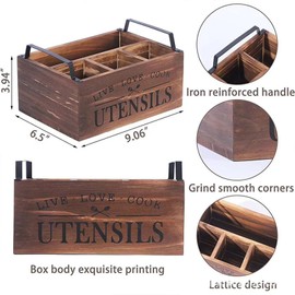 KOVNISE Kitchen Utensil Holder With Handle,Wooden Utensil Organizer for Counter or Countertop, Kitchen Countertop Organizer for Storage Cooking with 4 Compartment, Farmhouse Kitchen Decor