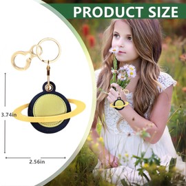 Leather Keychain Holder Case Compatible with AirTag,Cute Protective Air Tag Cover with Keyring,Anti-Scratch Finder GPS Tracker Case for Wallet Keys,Bag,Pets(Yellow Blue Planet)