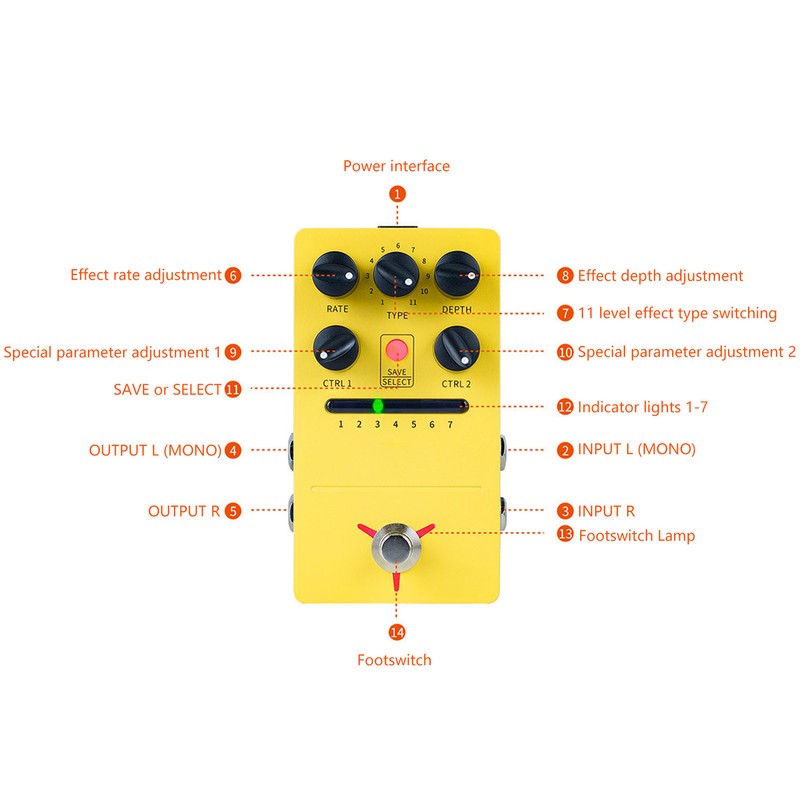 Multi Modulation Pedal Stereo 11 Modulation Effects True Bypass Phase