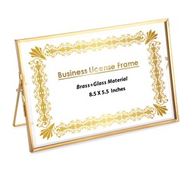 JUXYES Tabletop Business License Frame Brass License Certificate Display Frame, Double Glass Floating Diploma Frames, Desktop Golden Graduation Frames for 5.5x8.5 Certificate Business Licenses