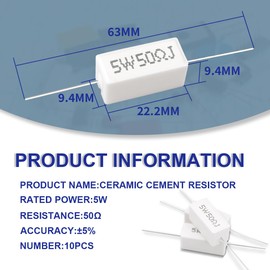 Innfeeltech 10 Pcs 5W 5% Tolerance 50 ohm Ceramic Cement Resistor For DIY Project and Experiments