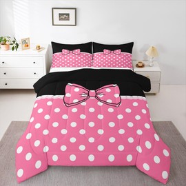 jejeloiu Cute Bowknot Bedding Set 3Pcs Queen Size Kids Polka Dots Comforter Set for Boys Girls Princess Themed Duvet Quilt Soft Lightweight,Pink Microfiber