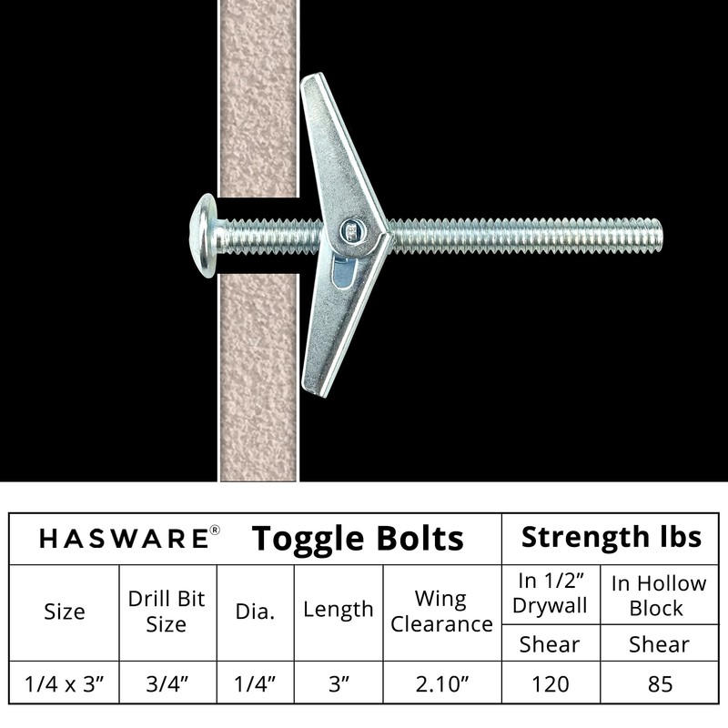 HASWARE Toggle Bolt Zinc Plated Steel and Wing Nut for