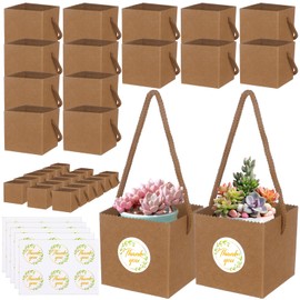 40pcs Succulent Wrap Bags Bulk Fits 2.5 Inch Pots with Thank You Stickers, Mini Kraft Paper Succulent Gift Box Basket with Handles for Wedding, Baby Shower, Succulent Plants Party Favors for Guests