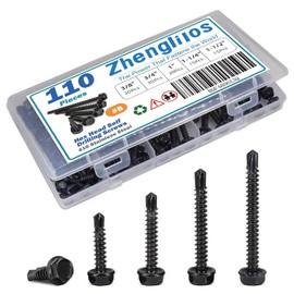 Zhenglilos #8 110Pcs Self Tapping Screws Assortment Kit, 410 Black Stainless Steel Hex Washer Head Sheet Metal Screws Wood Screws, (5/8inch，3/4inch, 1inch, 1-1/4inch，1-1/2inch)