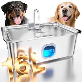 Fuente de agua para perros de 4.2 galones para perros grandes, fuente grande de acero inoxidable de 16 l con bandeja de beber más profunda y ancha