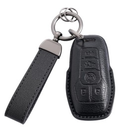 Riasot Leather Key Fob Cover with Keychain for Ford F150 Fusion Explorer Mustang Lincoln MKZ MKC (Black)