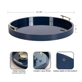 Kate and Laurel Lipton Circle Coffee Table Living Room Decor or Large Serving Tray, 22" Diameter, Navy Blue/Gold