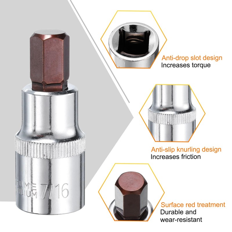 uxcell 7/16" Hex Bit Socket 1/2" Drive SAE S2 Steel