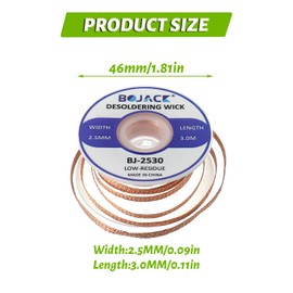 BOJACK Desoldering Braided Wire Pure Copper-Tin 2.5MM × 3.0M No-Clean Solder Welding Ribbon Wick Remove Solder Cleaning or Repair Accessories for Disassemble Electronic Components (Pack of 1)