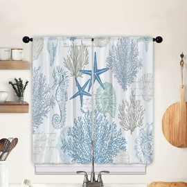 Visioun Coastal Starfish Nautical Beach Kitchen Curtains Ocean Sea Blue Coral Seashell Small Short Cafe Window Curtain Seahorse Sealife Aesthetic Rod Pocket Tier Window Treatment Drapes (27.5x39 Inch)
