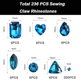 Yixinly 236 Pieces Sew On Rhinestones, 7 Shapes of Rhinestones, Metal Prong Setting Glass Sewing Gemstones for DIY Craft Clothes, Crafts, Shoes, Sewing, Bags (Lake Blue)