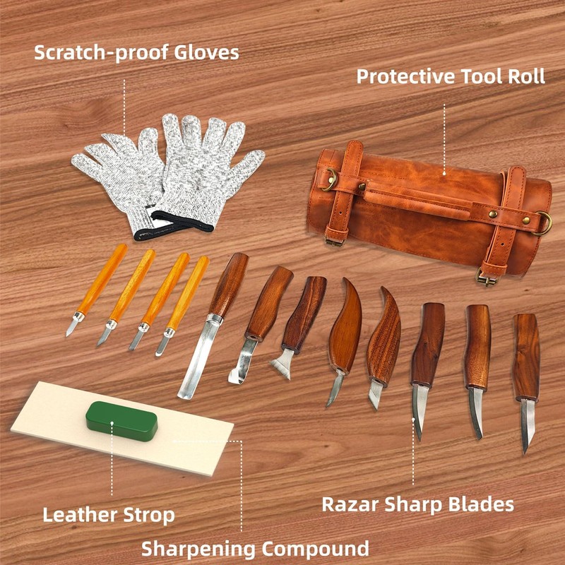 bellaDimora Wood Carving Kit 16-Piece, 8 Whittling Knives & 4