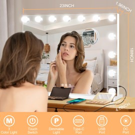 Moonee Vanity Mirror with Lights, Hollywood Lighted Makeup Mirror with 15 Dimmable Bulbs and 10X Magnification, 3 Colors Modes, Aluminum Metal Frame, Light Up Mirror for Tabletop or Wall（23" x 18"）