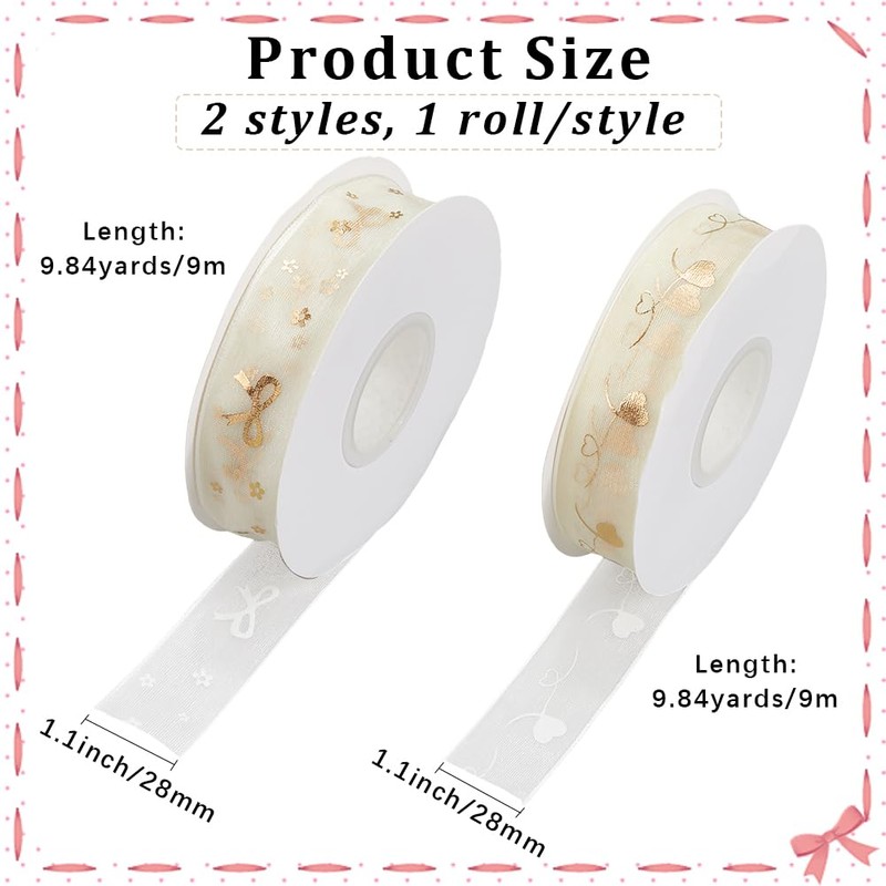 CABODYALS 18M 28mm 2 Styles White Organza Gold Stamping Hearts