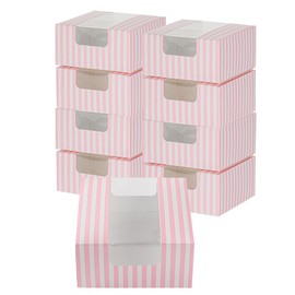 Restaurantware Pastry Tek 6.3 x 6.3 x 3.2 Inch Pastry Boxes 100 Disposable Donut Boxes - With Clear Window Easy Assembly Striped Paper Cookie Packaging Boxes For Muffins Or Mini Cakes