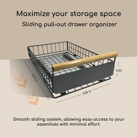 Pull out cabinet drawer organizer with wooden handle, Easy to install, Adhesive or screw on, for Kitchen, pantry, bathroom, or bedroom. W 9.25in x L 15.5in H 4.4 in (2 Pack)