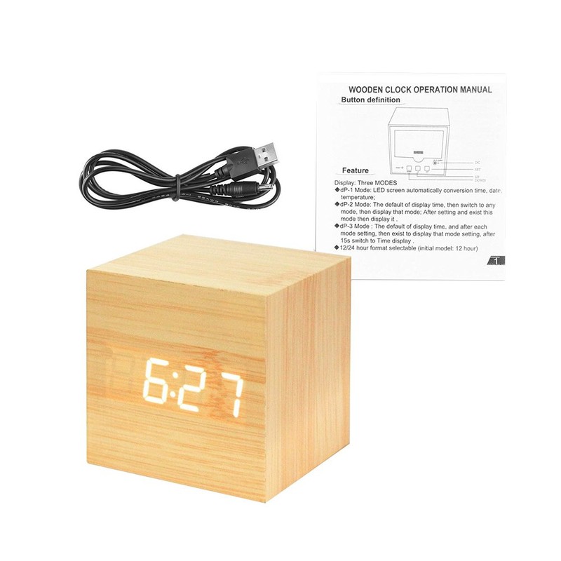 Onerbuy Wooden Digital Cube Alarm Clock Touch Sound Activated Desk