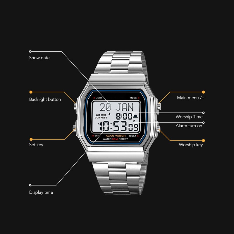 Men Muslim Digital Watch Prayer Reminder Strainless Streel Strap Waterproof