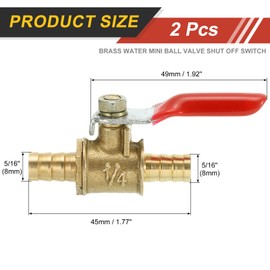 sourcing map 2Pcs Brass Water Mini Ball Valve Shut Off Switch, 5/16" Hose Barb x 5/16" Hose Barb, 180 Degree Operation Handle, Brass Valve