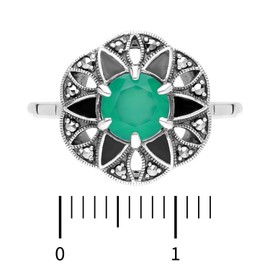 Esse Marcasite Sterling Silver Black Enamel Green Chalcedony & Marcasite Solitaire Ring (N)