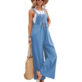 ZPLxi Women's Blue Cotton Blend Casual Sleeveless Jumpsuit with Pockets, Loose Baggy Bib Overall, Wide Leg, Mid-Rise, X-Large