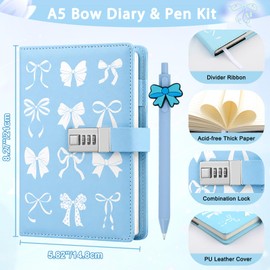 Diary with Lock for Girls, Cute Preppy Gifts for Girl 8 9 10 11 12 13 14 15+ Year Old, Blue Bow Code Secret Diary Girls Journal Notebook with Pen Blue Coquette School Supplies Gifts for Teen Girl