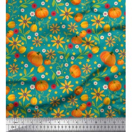 Soimoi Green Cotton Cambric Fabric Leaves,Floral & Pumpkin Vegetable Printed Craft Fabric BTY 42 Inch Wide