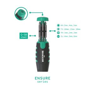 Ratchet Screwdriver with 12 TX, PH, SL and Hexagon bits 3-20mm in Handle by WIESEMANN 1893 I Screwdriver with Ratchet and Magnetic bit Holder I from The Ensure Series I 81307