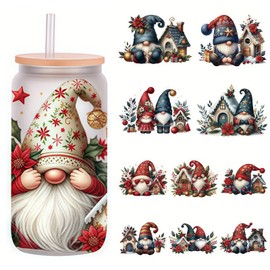 4pcs Christmas Gnome Flower Tree UV DTF Cup Wraps Transfer Waterproof Sticker for Glass Cups Furniture Craft DIY Crafts，Rub on Transfer Stickers for DIY Water Bottle Laptop Decal Wood Car