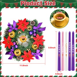 Kenburg 12in Christmas Advent Wreath 5 Candle Holder with Candles, Metal Cups for Taper Candles Advent Wreath and Candles Set Safety Fire Retardant Centerpiece Decorations for Table Indoor Home Church